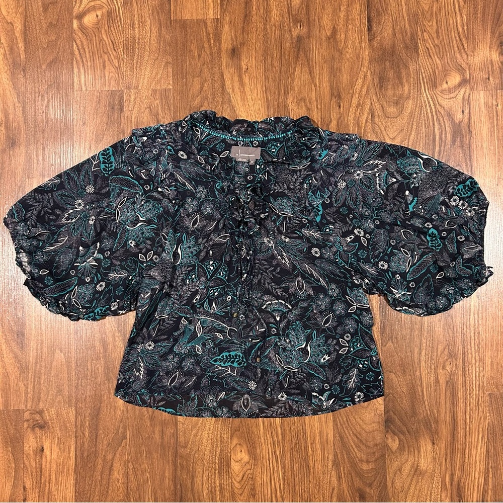 Anthropologie Women’s Sheer Floral Ruffle Collar Blouse